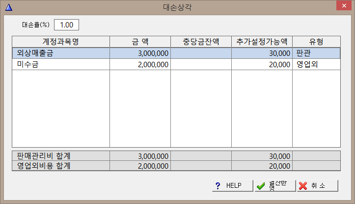 대손충당금 입력화면